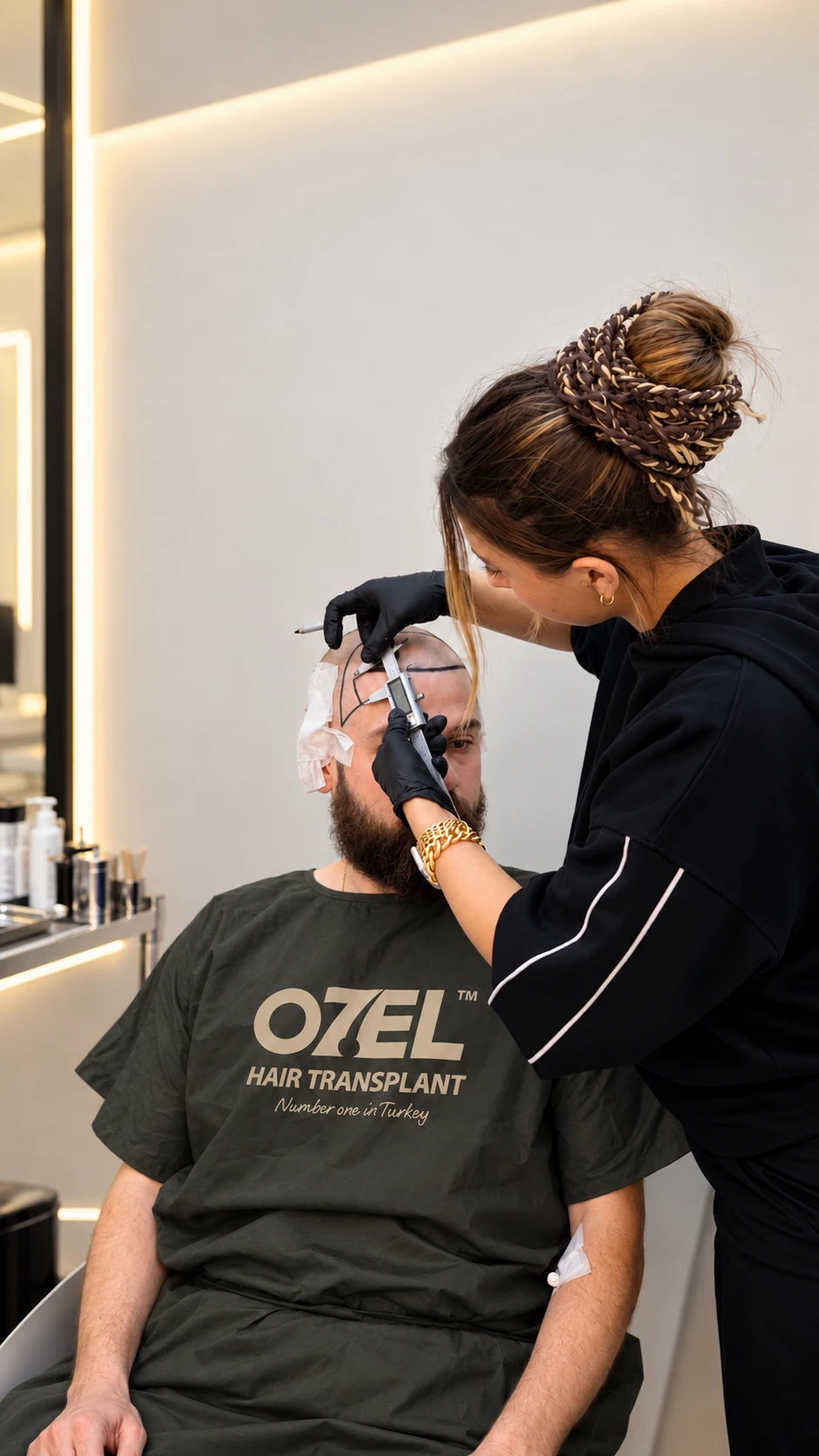 A doctor measuring a client's new hairline with a caliper