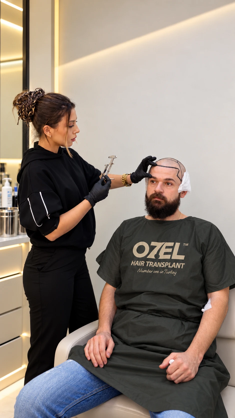 Checking the drawn hairline before the procedure